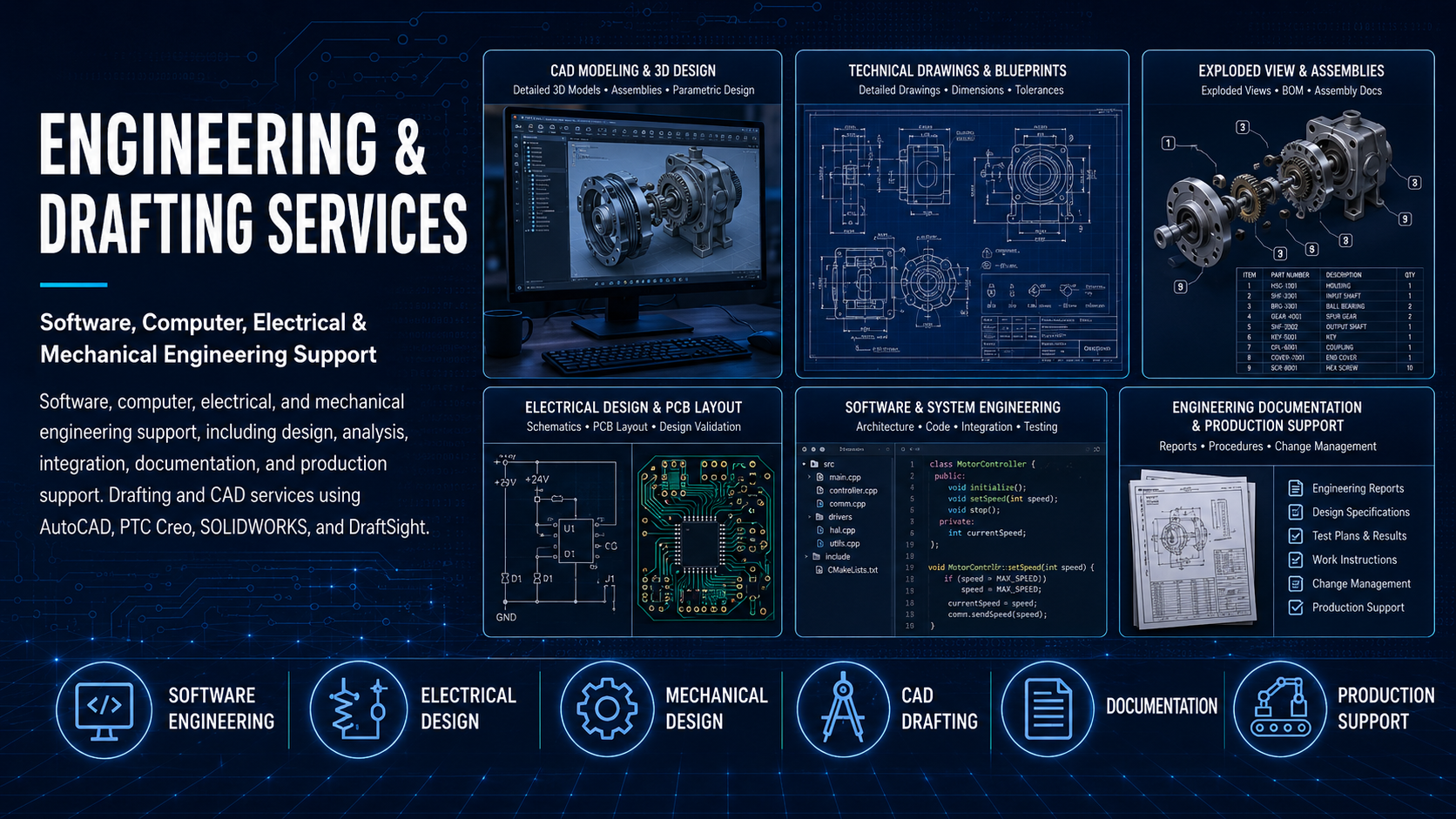 Software, computer, electrical, and mechanical engineering support, including design, analysis, integration, documentation, and production support. Drafting and CAD services using AutoCAD, PTC Creo, SOLIDWORKS, and DraftSight.